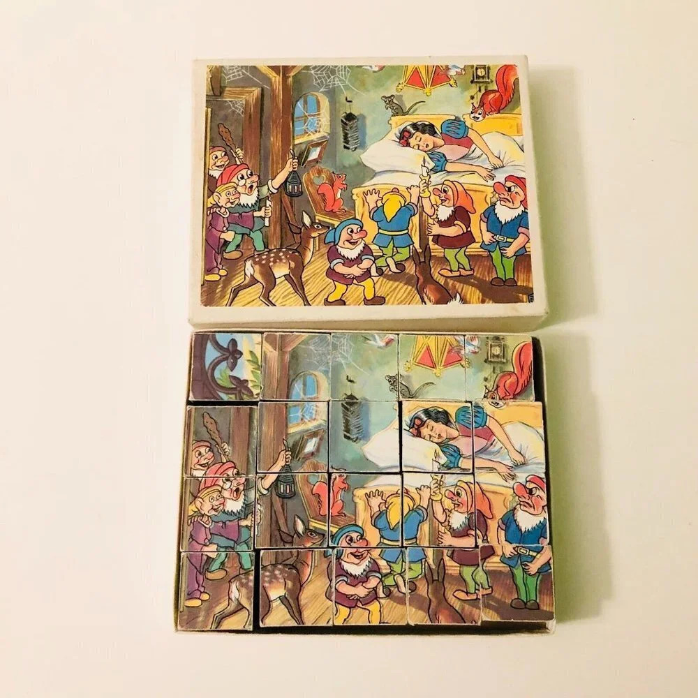 Vintage Snow White Wooden Block Puzzle Missing Scene Sheets
